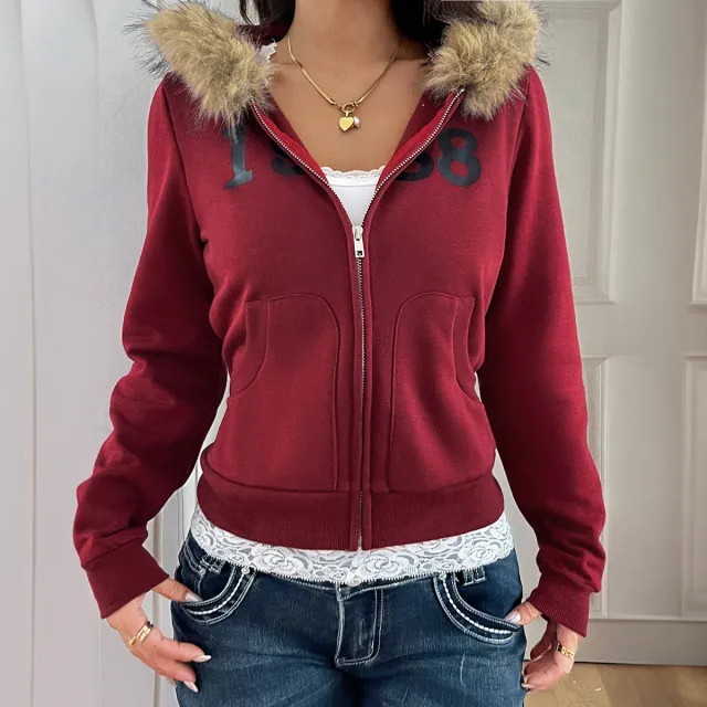 Womens French Elegant Coat With Zipper And Faux Fur Collar Red - Shop at LoveMi
