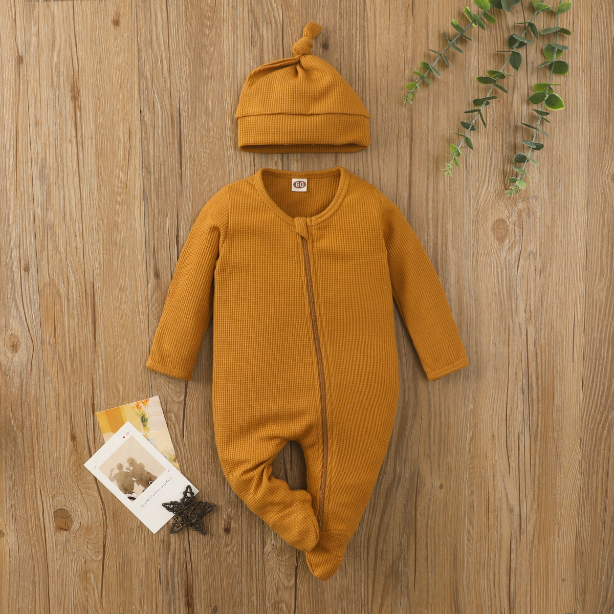 Boys And Girls Long Sleeve Solid Color Waffle Zipper Jumpsuit Foot-wrapped Romper