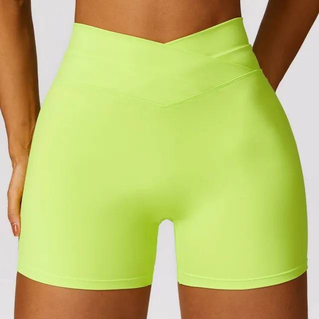 Skinny Hip Raise Yoga Shorts Brushed Cross High waisted Trousers Lime Green - Shop at LoveMi