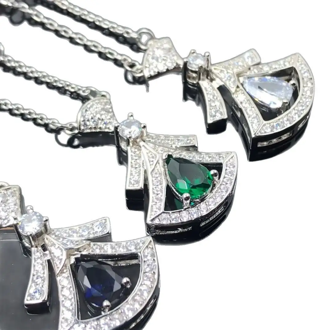 Fashionable All-match Pear-shaped Red And Blue Emerald Full Diamond Clavicle Chain