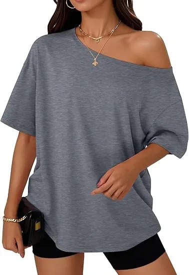 Women's T shirt Casual Fashion Diagonal Collar Top Gray - Shop at LoveMi