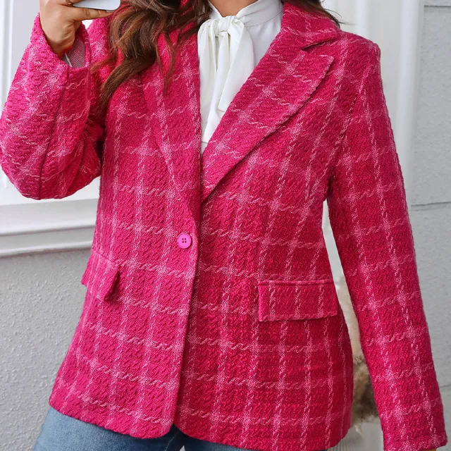 Temperament Commute Plaid Plus Size Coat Rose Red - Shop at LoveMi