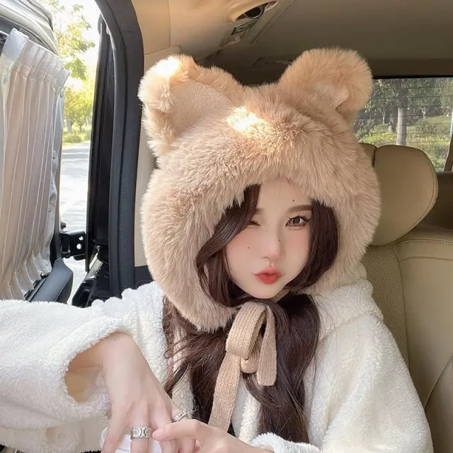 Fox Ears Warm With Velvet Knitted Plush Bonnet Khaki - Shop at LoveMi