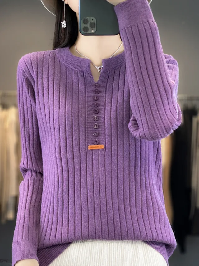 Long Sleeve Round V neck Sweater Solid Color Purple - Shop at LoveMi