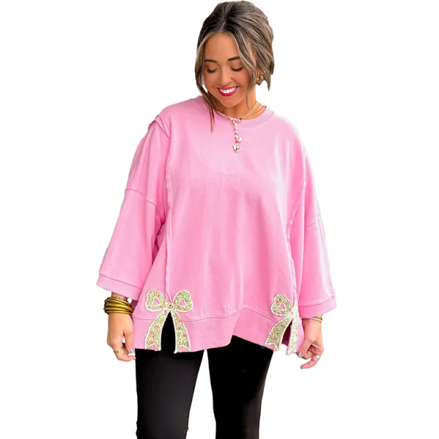 Women's Fashionable, Designer Style Patchwork Hoodie With Bow Knot And Crew Neck Pink - Shop at LoveMi