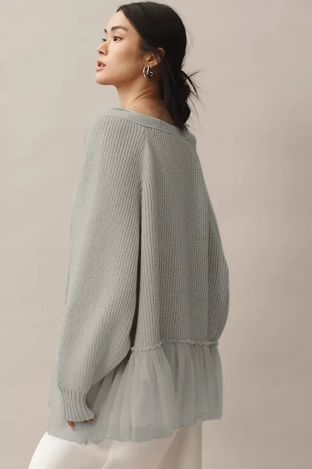Ruffled Gauze Knitting Sweater Cardigan Long Sleeve Gray - Shop at LoveMi