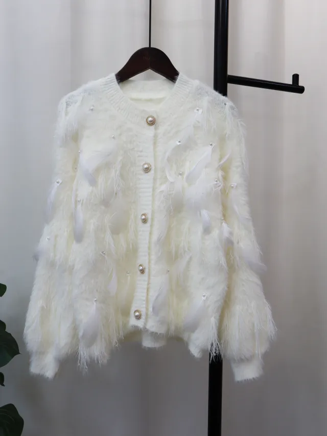 Artificial Mink Fur Gentle Design Feather Beaded Tassel Knitted Cardigan Sweater Coat Beige - Shop at LoveMi