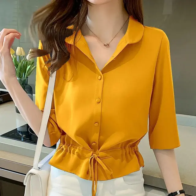 Women's Short sleeved Chiffon Shirt Women's Summer Wear Yellow - Shop at LoveMi