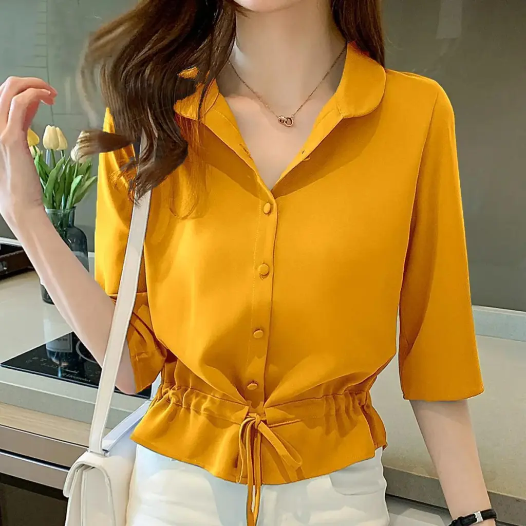 Women's Short-sleeved Chiffon Shirt Women's Summer Wear - Yellow