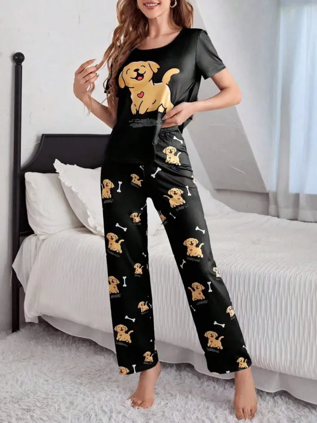 Home Round Neck Printed Short Sleeve T shirt Top And Trousers Suit Floral 3 - Shop at LoveMi
