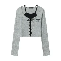 Embroidered Knitted Cardigan Long-sleeved T-shirt Women's Short Top - Red - View 1