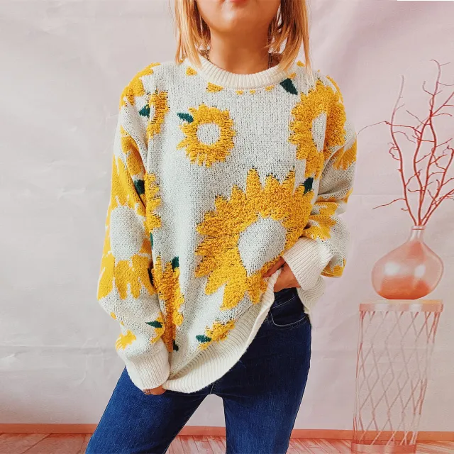 Women's Fashion Casual Sunflower Jacquard Round Neck Long Sleeve Sweater Yellow - Shop at LoveMi