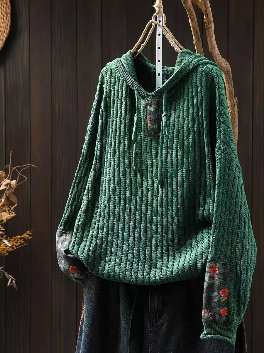Womens Ethnic-Style Loose-Fit Oversized Sweater With Drawstring Hood