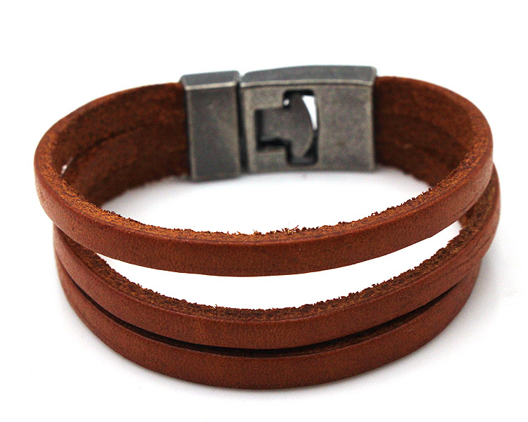 Metal T Shape Buckle Three Leather Bracelet