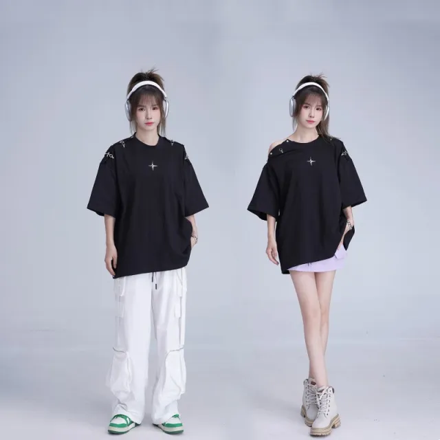 Metal Buckle Thickened Shoulder Short sleeved T shirt Black - Shop at LoveMi
