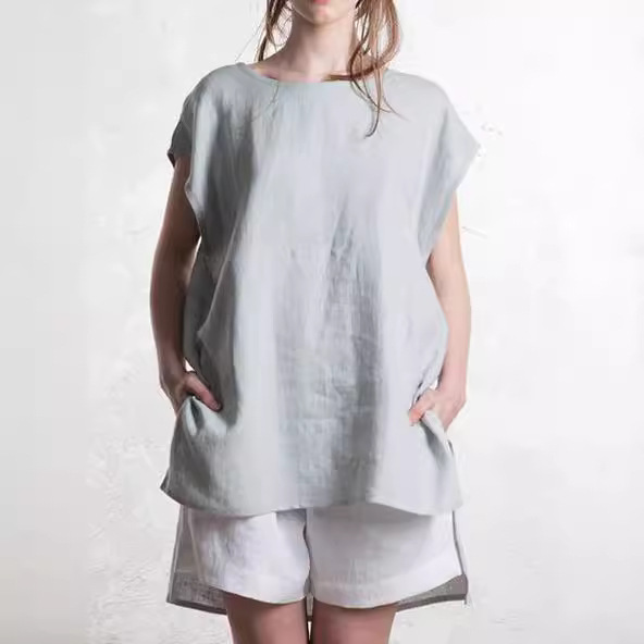 Round Neck Front Short Back Long Short Sleeve Top For Women