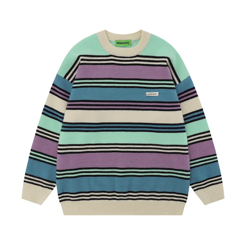 Contrasting Color Striped Loose Round Neck Sweater
