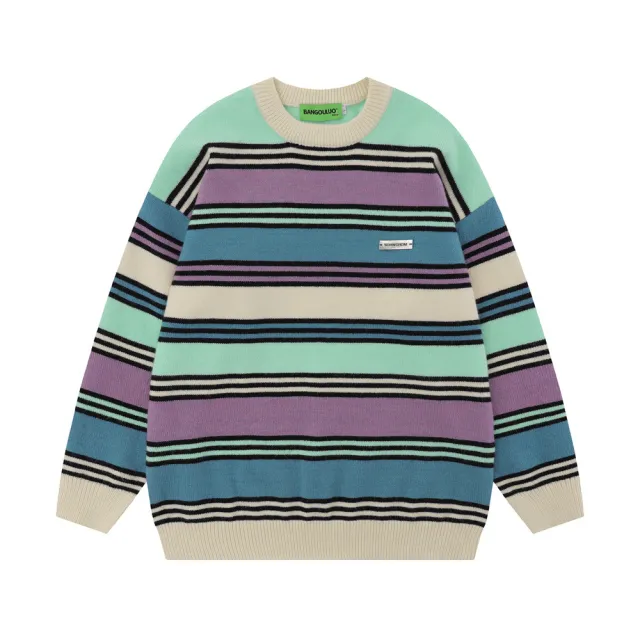 Contrasting Color Striped Loose Round Neck Sweater Apricot - Shop at LoveMi