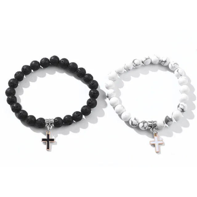 Fashion Jewelry Personality Volcanic Rock Cross Bracelet Black And White Set - Shop at LoveMi