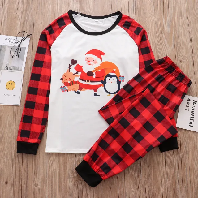 European And American Parent child Suit Cartoon Santa Claus Printed Plaid Pants Homewear White - Shop at LoveMi