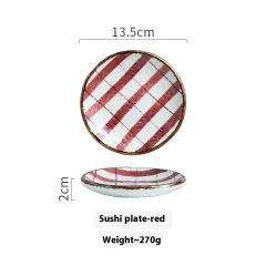 Japanese Style Painted Sushi Dessert Ceramic Plate - Plaid Red - View 1