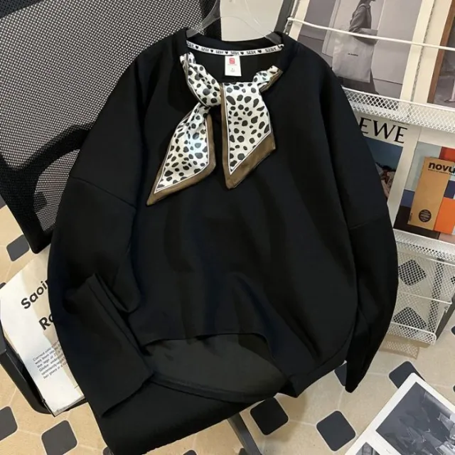 Figure flattering American style Vintage Silk Scarf Loose fit Hoodie For Women Black - Shop at LoveMi
