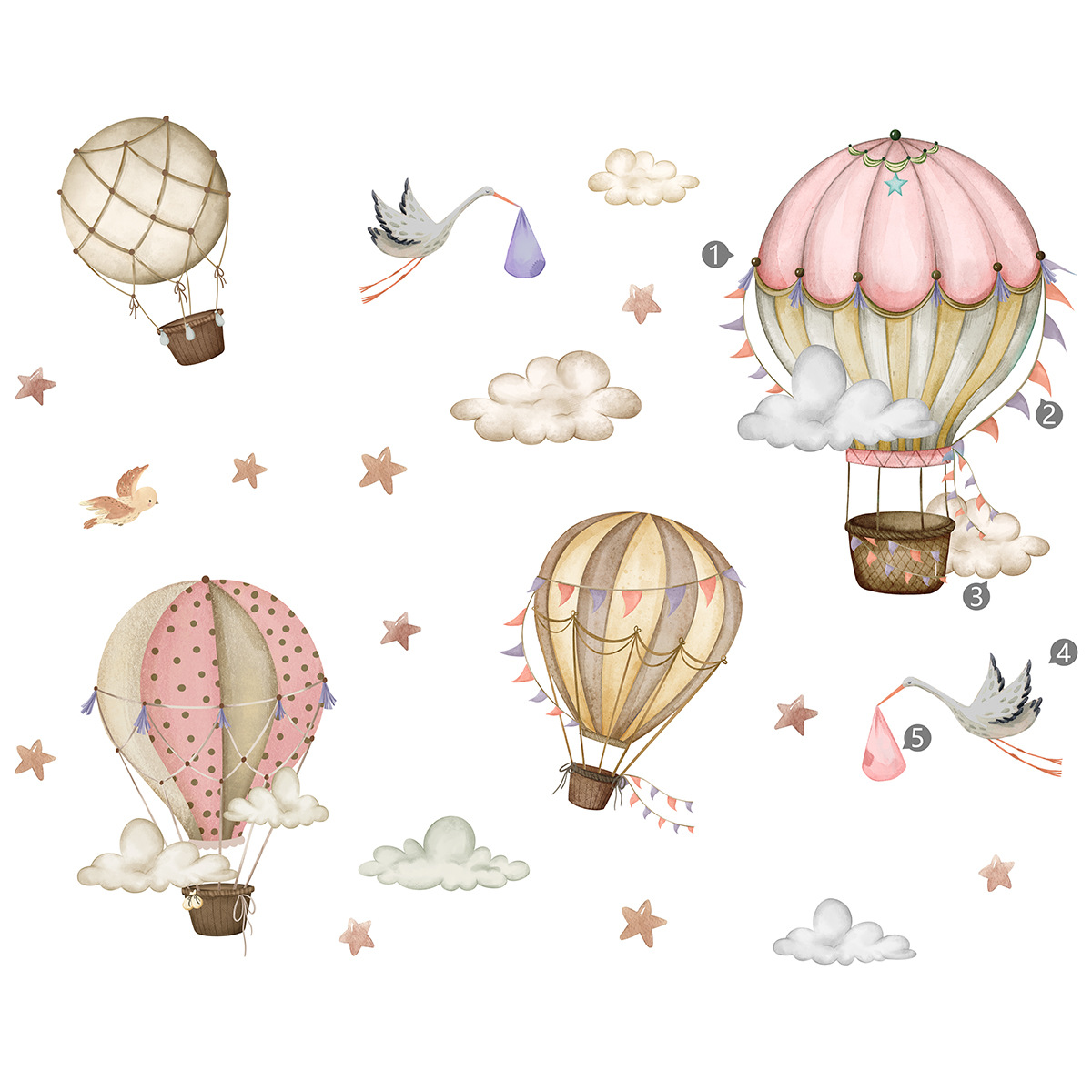 Title 7, Cartoon Hot Air Balloon Clouds Wall Sticker Bac...