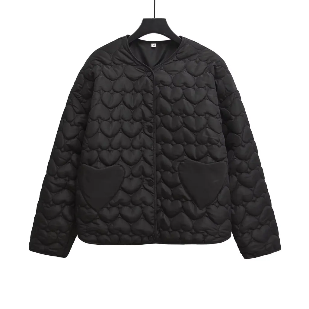 Women's Peach Heart Quilted Cotton Two-tone Cotton Jacket - Black