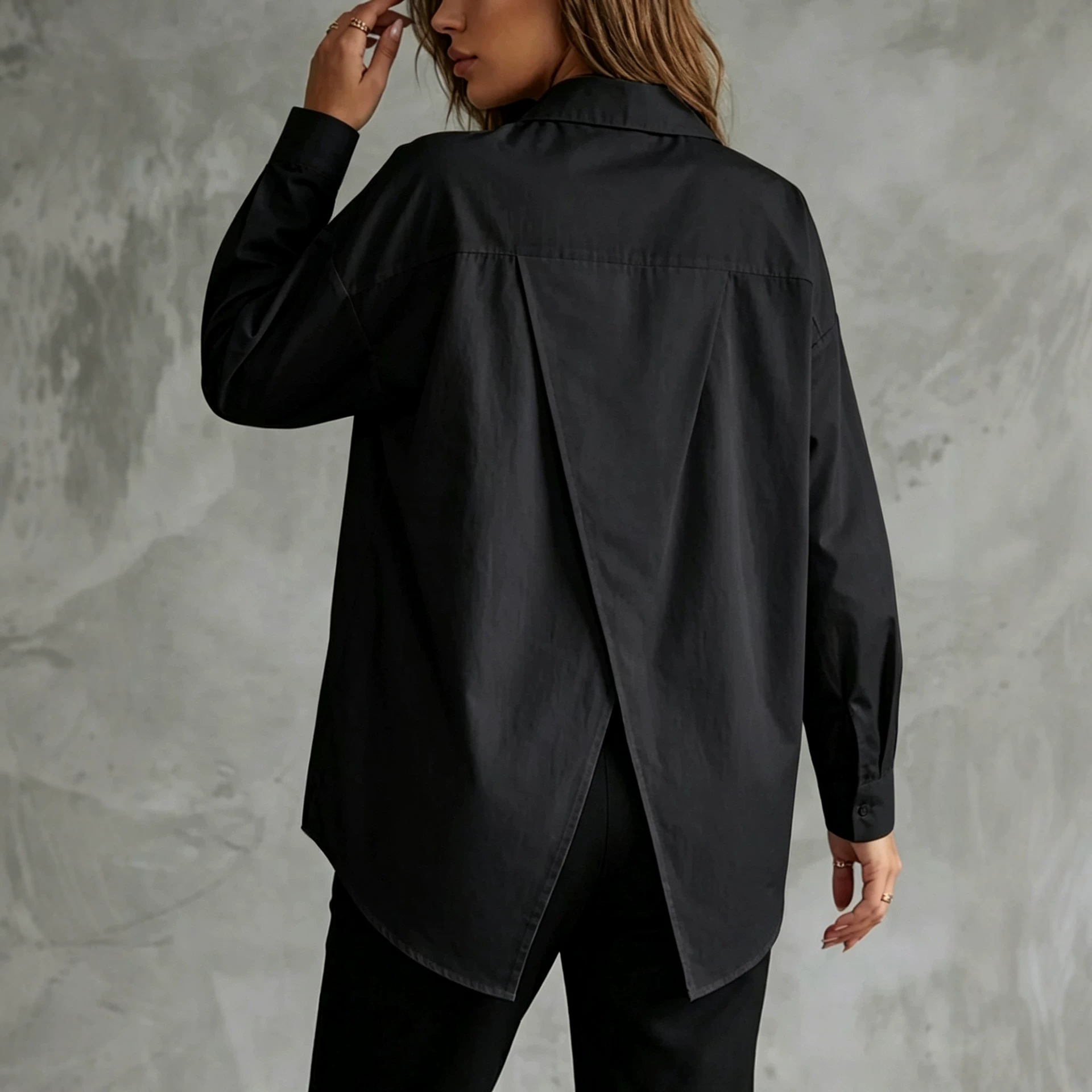 Solid-color Fashionable Loose-fitting Long-sleeve Slit-front Shirt