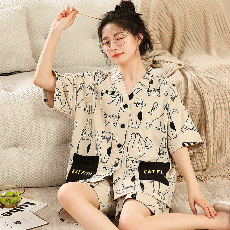 Women's Loose Casual Print Short Sleeve Cotton Homewear Two-piece Set