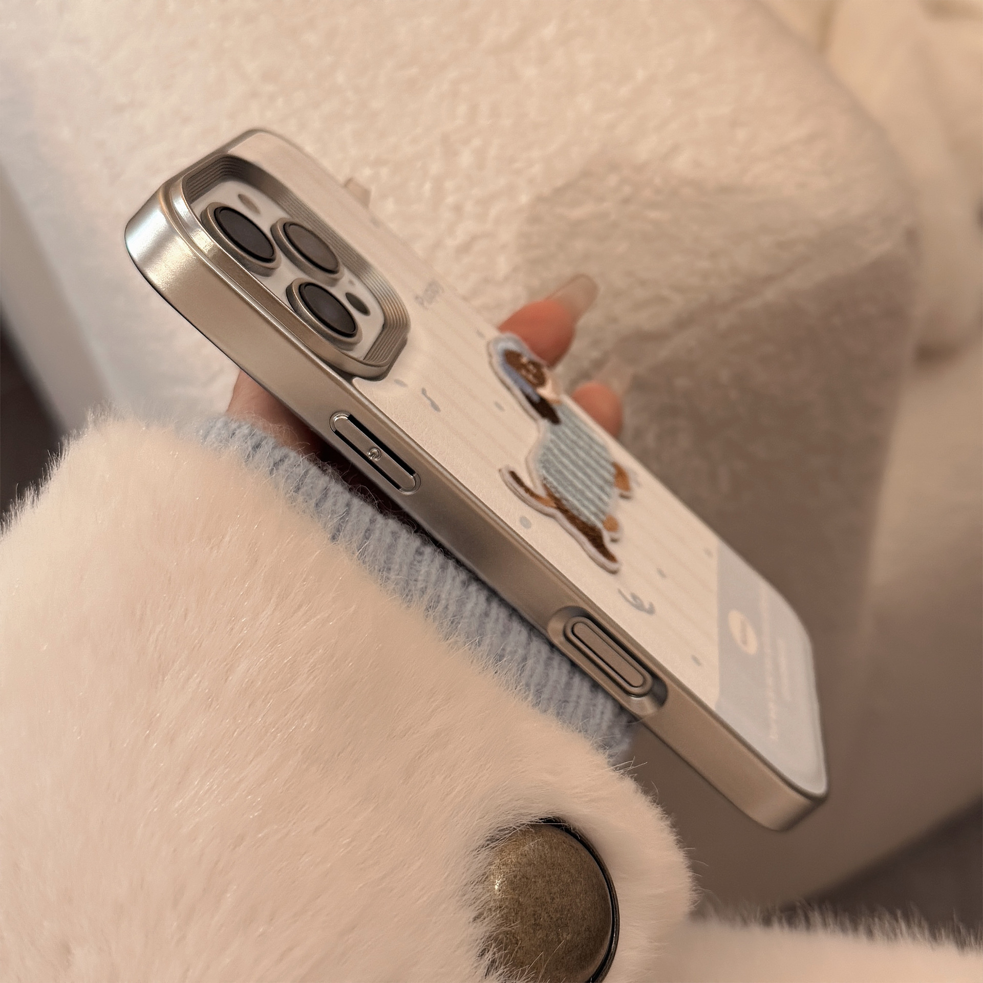 Cute Blue Milk-colored Embroidered Puppy Phone Case With A 3D Leather Design