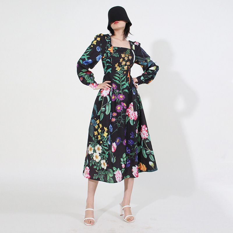 Square Collar Long Sleeve Beaded Embroidery Women's Printed Dress — image 1