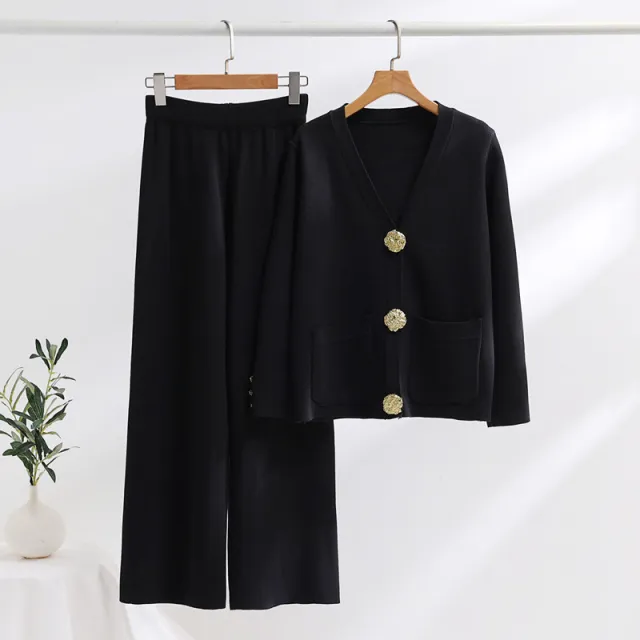 Contrast Color Daikin Button Sweater Women's Wide Leg Pants Knitted Two piece Black - Shop at LoveMi