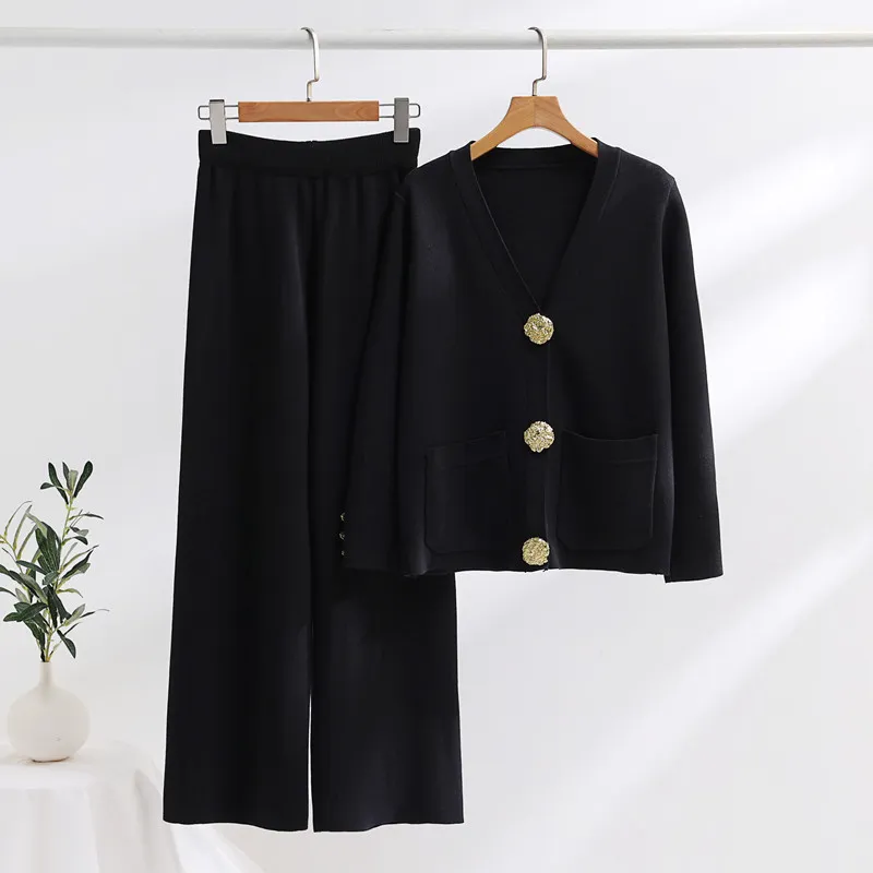 Contrast Color Daikin Button Sweater Women's Wide Leg Pants Knitted Two-piece - Black
