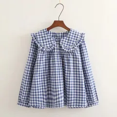 Sweet Cute Princess Style Doll Collar Ruffled Long Sleeve Shirt - Plaid Long Sleeve - View 1