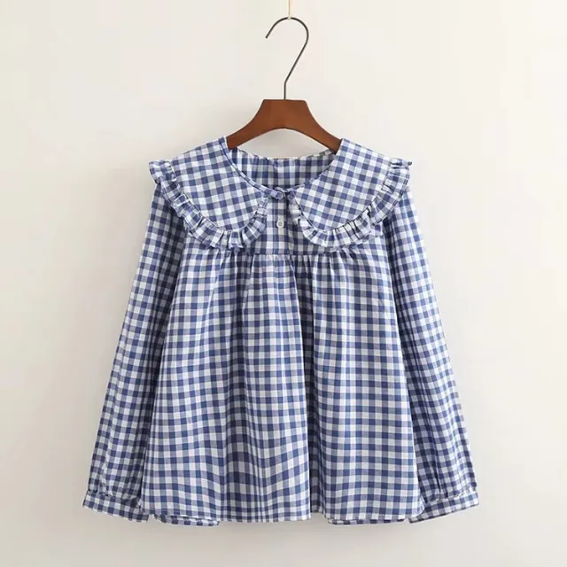 Sweet Cute Princess Style Doll Collar Ruffled Long Sleeve Shirt Plaid Long Sleeve M - Shop at LoveMi