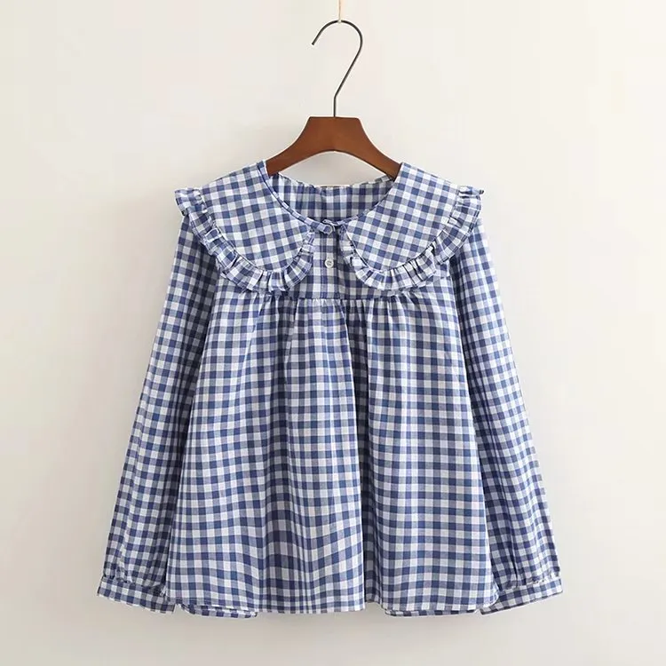 Sweet Cute Princess Style Doll Collar Ruffled Long Sleeve Shirt - Plaid Long Sleeve-M