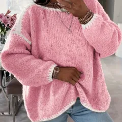Female Loose And Casual Off-the-shoulder Solid-colour Sweater - Pinkred - View 1