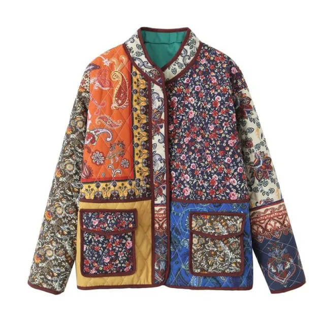 Printed Contrast Color Pocket Cotton padded Coat - Shop at LoveMi