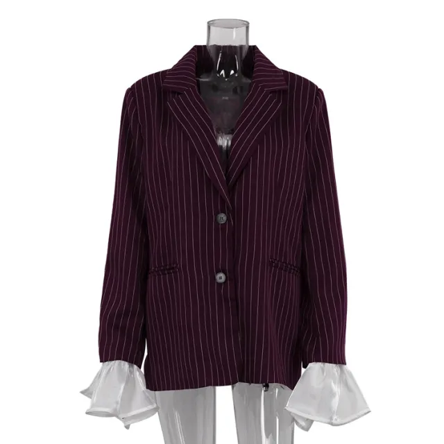 Lace Bell Sleeve Loose Casual Striped Blazer Red - Shop at LoveMi