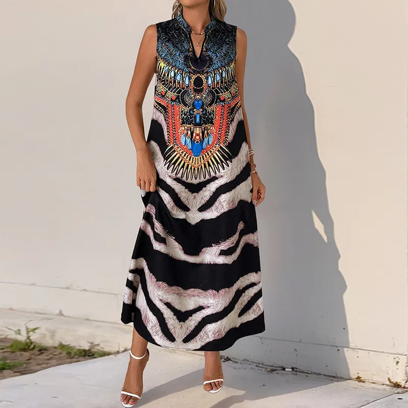Stand Collar Sleeveless Zebra Print Dress - Black