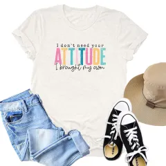 Colored Cotton T-shirt Women's Short Sleeve Letters - White - View 1