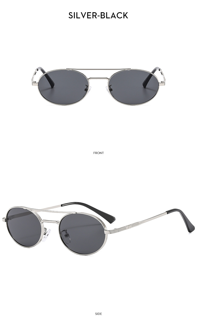 Retro sunglasses C6 silver frame blue lenses, model wearing front view