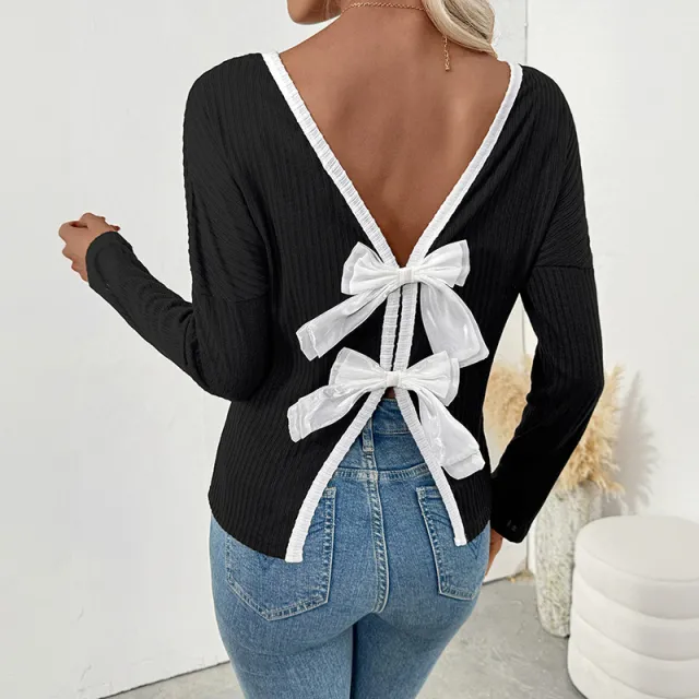 Sexy Backless Bow Fashionable T shirt Women Black - Shop at LoveMi