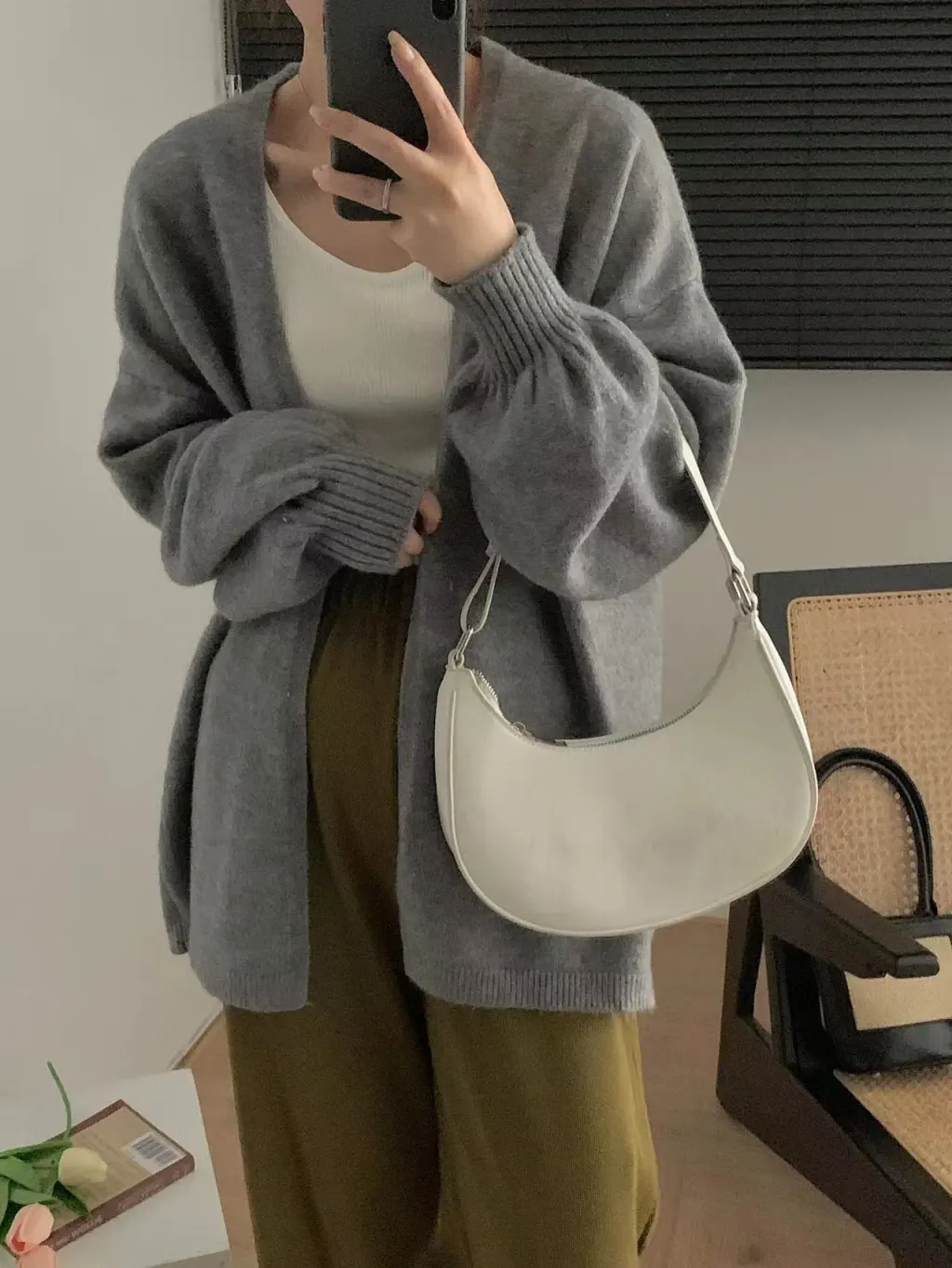 Soft Glutinous Lazy Sweater Coat Loose Design Temperament Mid-length Knitted Cardigan - Flower Gray