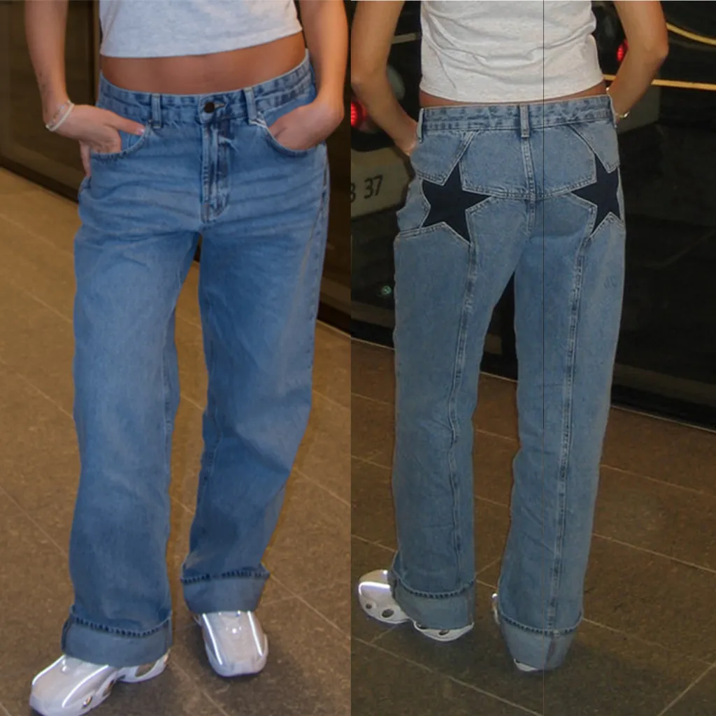 Jeans Color Contrast Patchwork Casual - Black