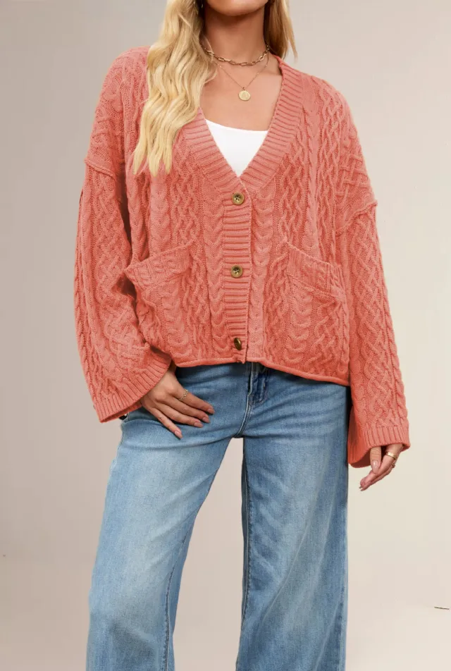 Women's Cable Loose fitting Solid Color Knitted Cardigan Red - Shop at LoveMi