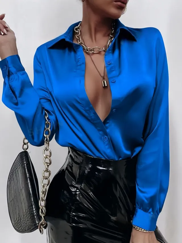 Women's Shirt Satin Silk like Long Sleeve Blue - Shop at LoveMi
