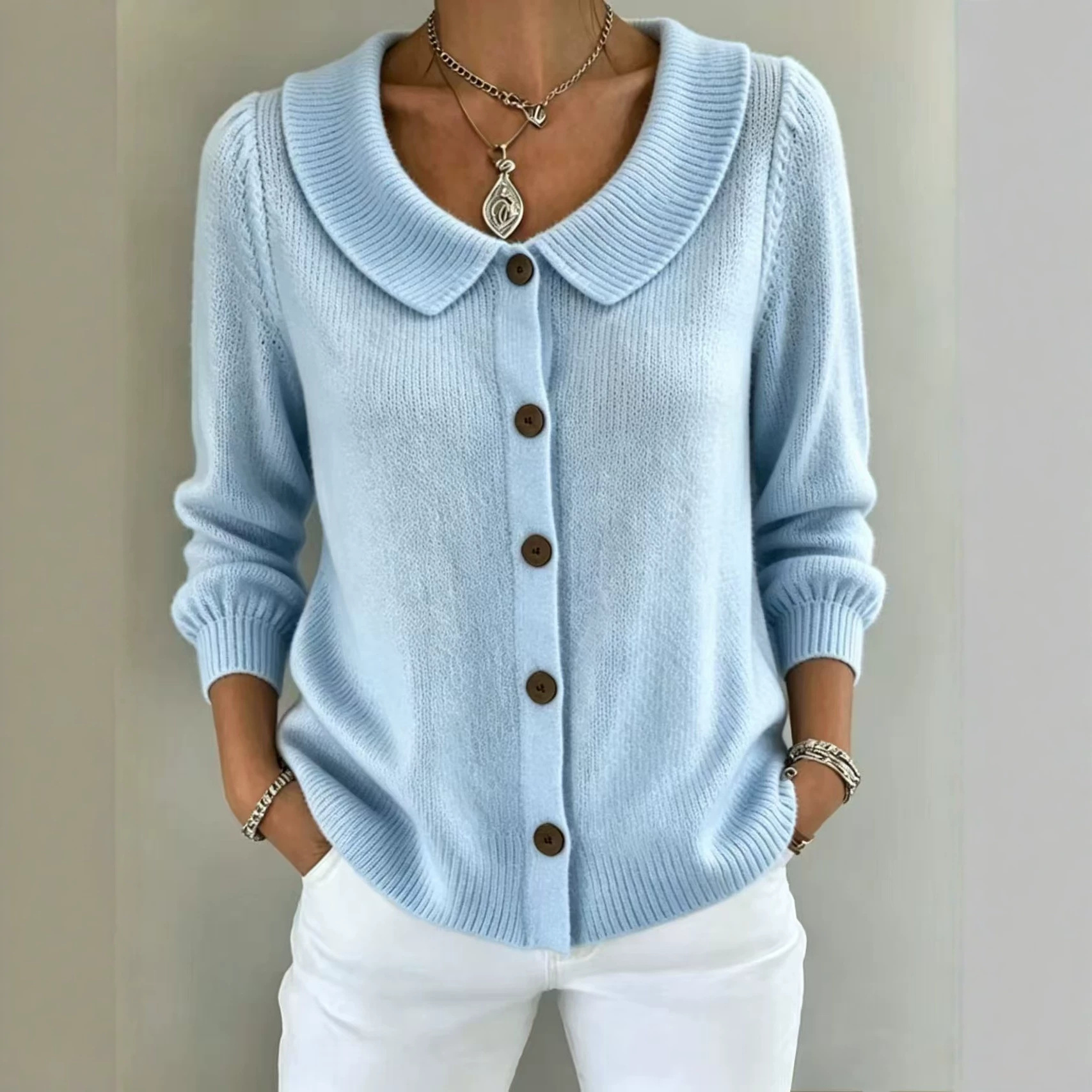 Womens Knitted Button-up Polo-neck Sweater
