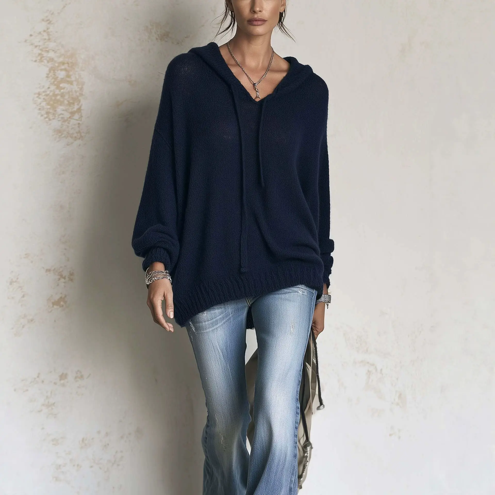 Womens Knitted Hooded Long-Sleeve Sweater